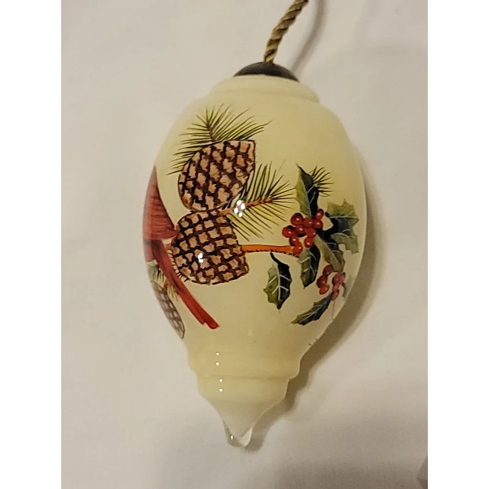 Ne'Qwa Art Hand Blown Glass Reverse Painted Cardinal, Holly, Pine Cones Ornament